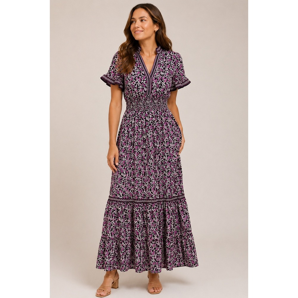 Max Studio Maxi Dress Womens XS Purple Floral Smocked Tiered Boho Hippie